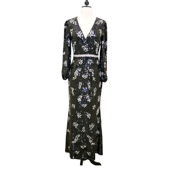 Mac Duggal 93616 Black Embellished Sequin Long Sleeve V Evening Gown Dress 4 - Picture 2 of 13